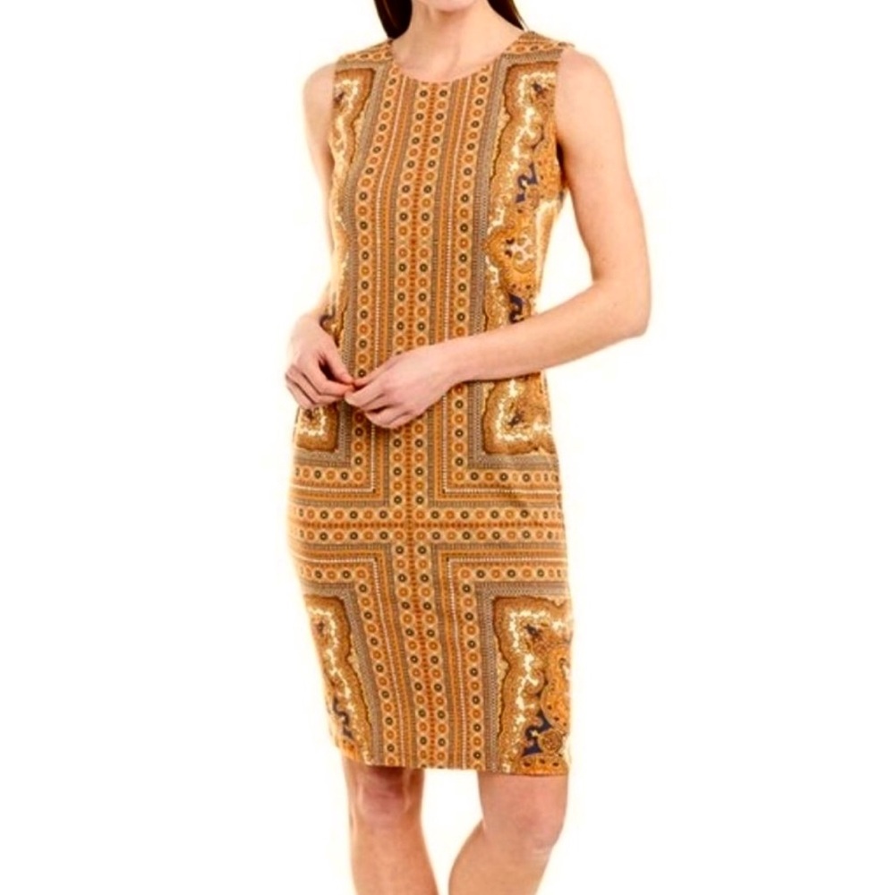 J. McLaughlin Gold and Brown Sheath Dress Sz XS